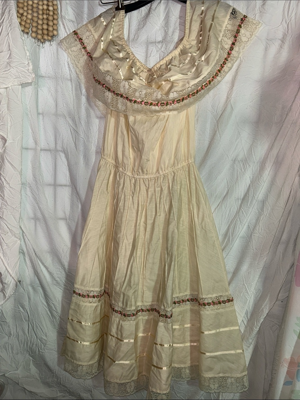 Ivory Off-Shoulder Maxi Dress with Embroidered Trim